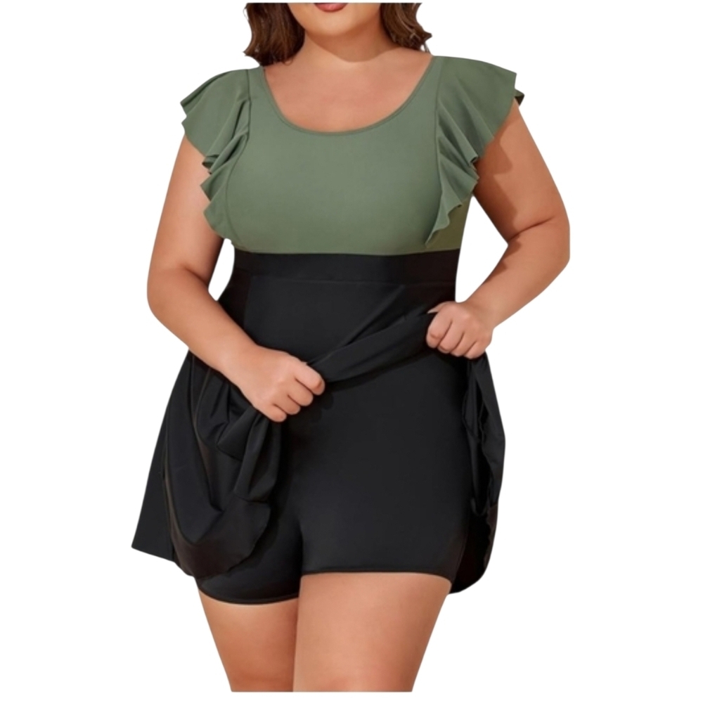 SMISMIVO - 4X Green & Black Ruffle Sleeve Swim Dress - Picture 5 of 13